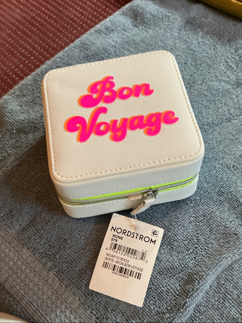 Nordstrom White Jewelry Case with Neon Pink 'Bon Voyage' and Neon Green Zipper